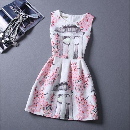 Beautiful Pink Flower Cotton Sleeves Floral Dress