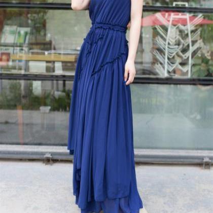 Chiffon Maxi Dress-pleated One-piece Blue Silk..