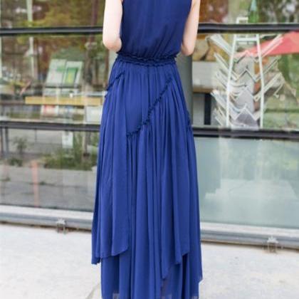 Chiffon Maxi Dress-pleated One-piece Blue Silk..