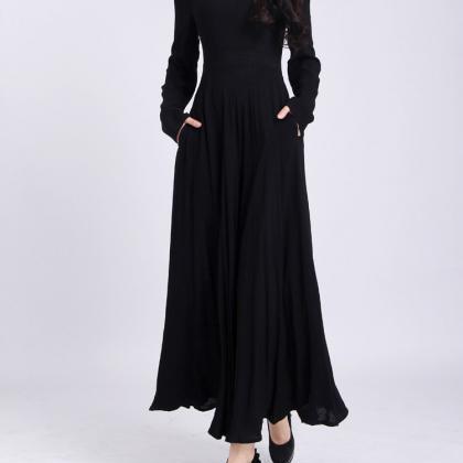 Black Full Dress Long Sleeve Linen Dress Cotton..