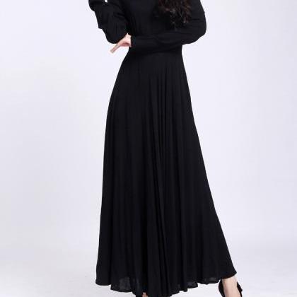 Black Full Dress Long Sleeve Linen Dress Cotton..