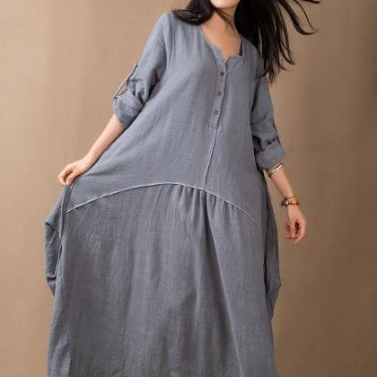 Baggy Muslim Abaya Linen Dress Loose Fit Dress Plus Size Maxi Dress V ...