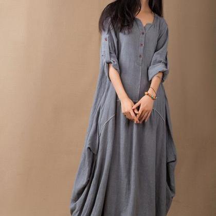 Baggy Muslim Abaya Linen Dress Loose Fit Dress Plus Size Maxi Dress V ...
