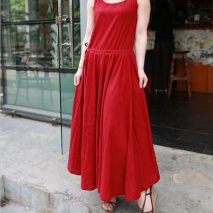 Elegant Maxi Plus Size Linen Dress Red Floor..
