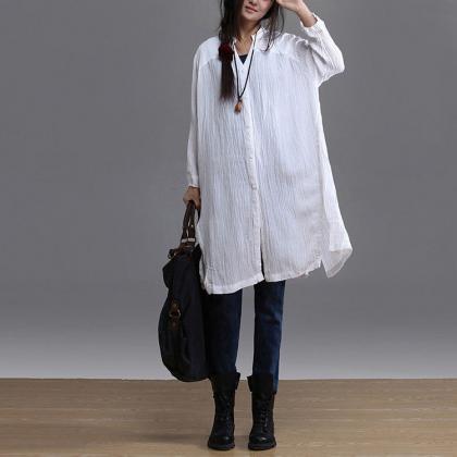 White Long Sleeve Shirt Retro Plus Size Clothing..