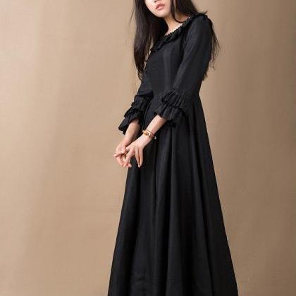 3/4 Flare Sleeves Vintage Black Linen Dress Summer..