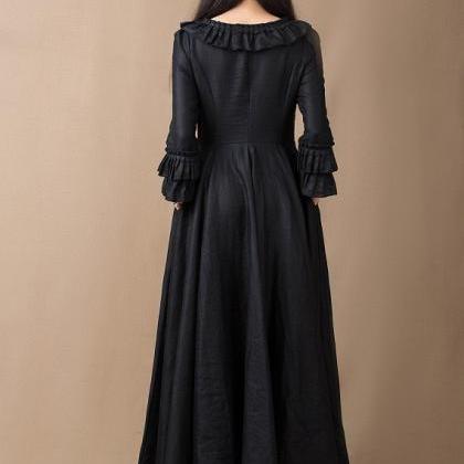 3/4 Flare Sleeves Vintage Black Linen Dress Summer..