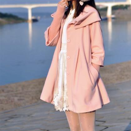 Pink Cape Wool Coat Winter Woman Cloak Long Dress..