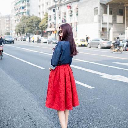 Red pleated midi lace skirt