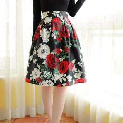 Pleated Printed Rose Skirt