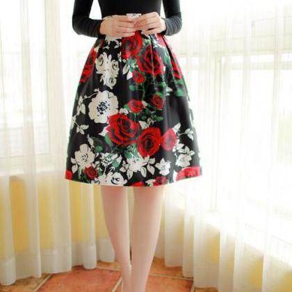 Pleated Printed Rose Skirt