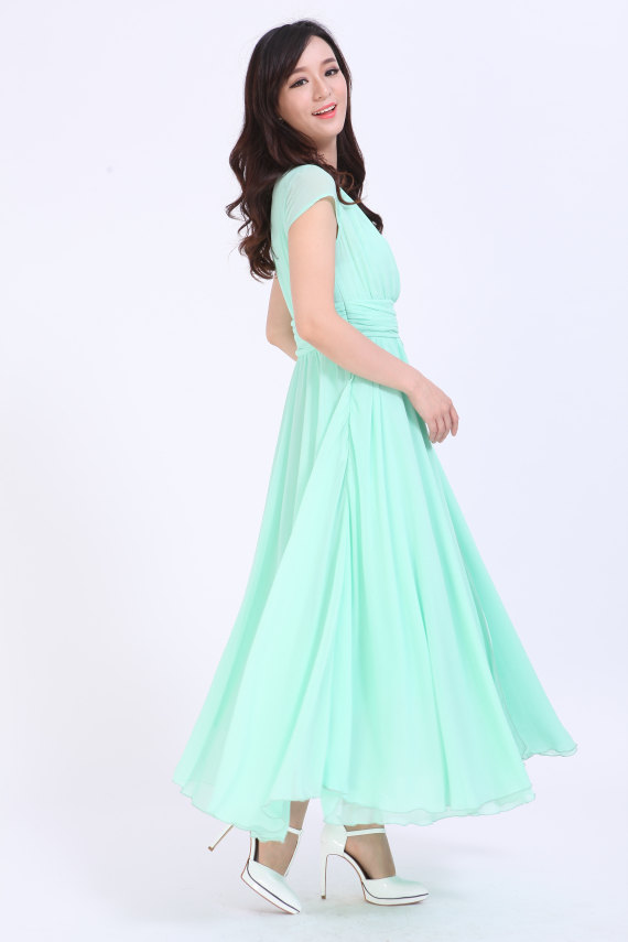 Pleated Maxi Dress Mint Green Dress Summer Chiffon Full Dress V