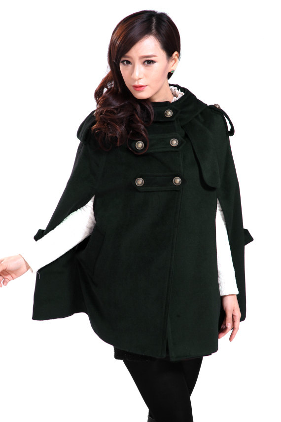 Hooded Cape Wool Coat Winter Women Coat Sleeveless Cloak Custom Made In Jade Green -nk 001