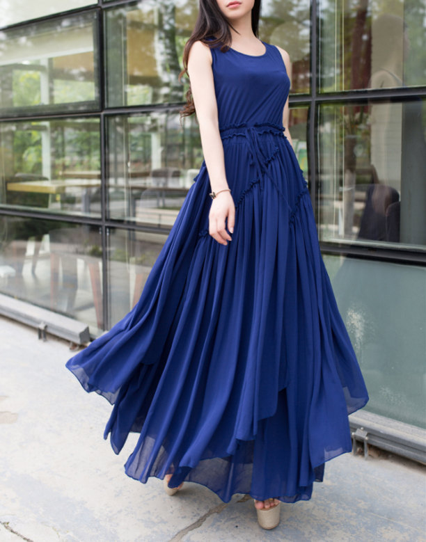 Chiffon Maxi Dress pleated One piece Blue Silk Dress Floor Length Wedding  Dress Bridemaid Dress Party Prom Dress