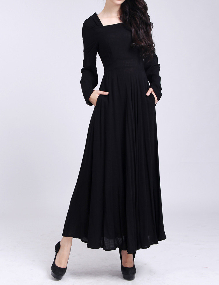Black Full Dress Long Sleeve Linen Dress Cotton Linen Maxi Dress With Big Sweep