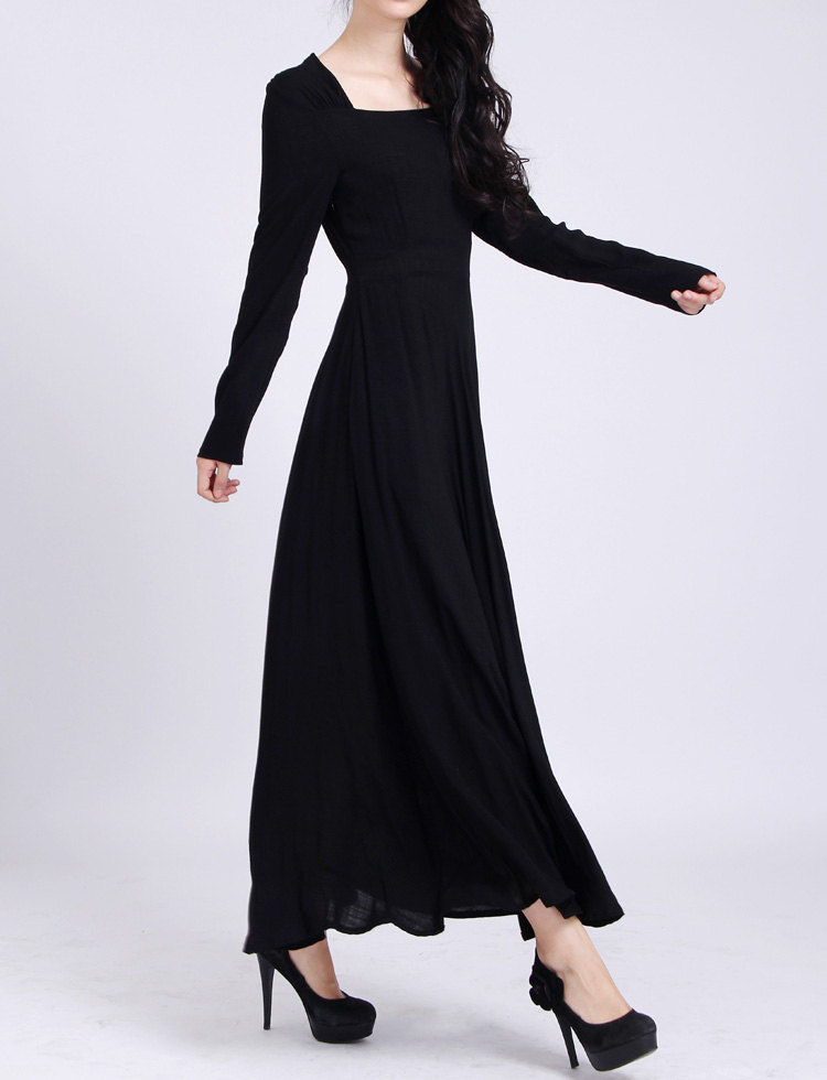 Black Full Dress Long Sleeve Linen Dress Cotton Linen Maxi Dress With ...