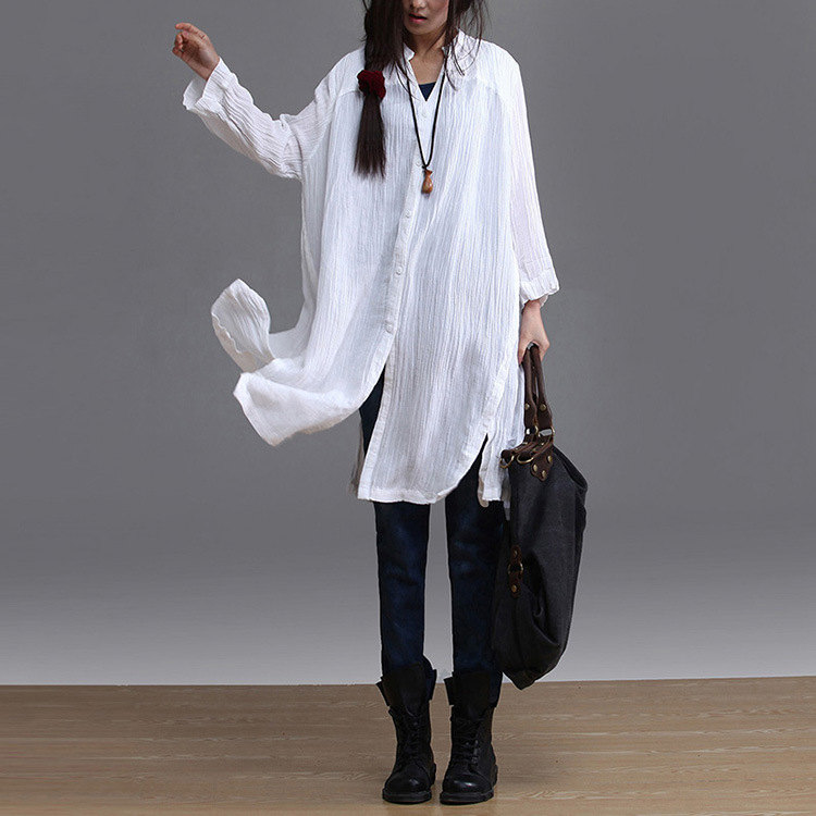 White Long Sleeve Shirt Retro Plus Size Clothing Linen Long Shirt Cotton Loose Dress