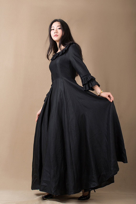 3/4 Flare Sleeves Vintage Black Linen Dress Summer Lotus Leaf Collar Maxi Dress Long Casual Dress