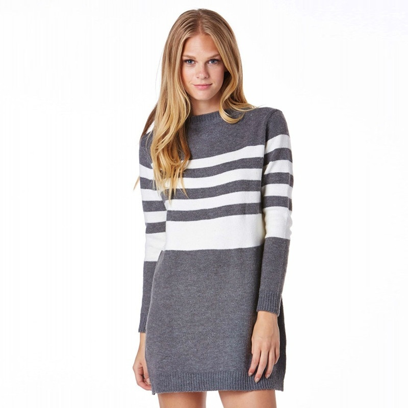 Europe Boyfriend Colored Striped Sweater Dress Loose Knit Dress