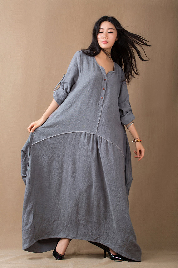 Baggy Muslim Abaya Linen Dress Loose Fit Dress Plus Size Maxi Dress V Neck Long Sleeves on Luulla